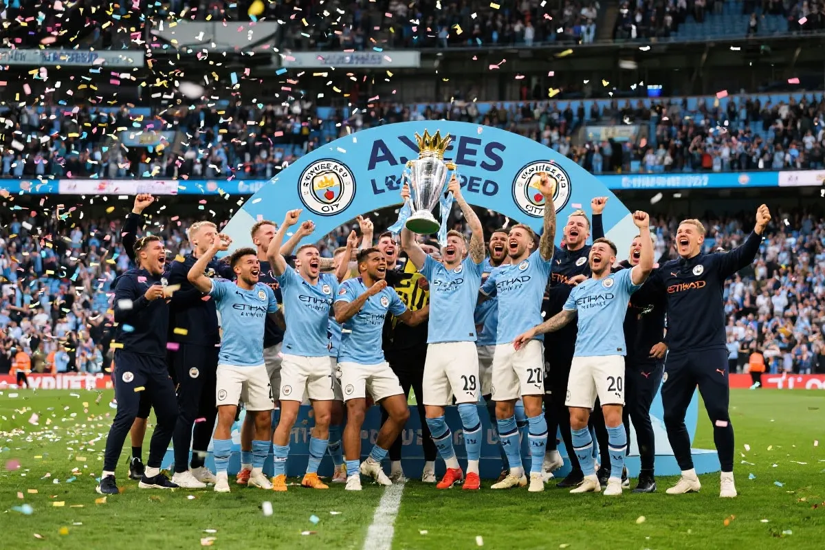 曼城全队庆祝夺冠